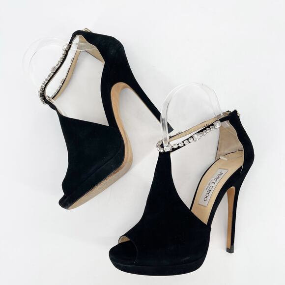 Jimmy Choo Farah Black Suede Crystal Trim Peep Toe Platform Pump Sandal IT 37.5 - Picture 4 of 11